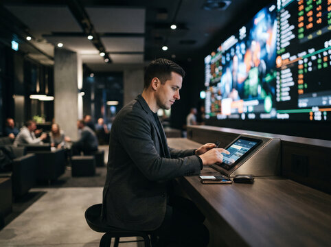 Young focused man using an interactive digital betting terminal in a modern sports bar with large screen displays