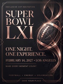 Super bowl lxi vip invitation flyer design with rose gold football