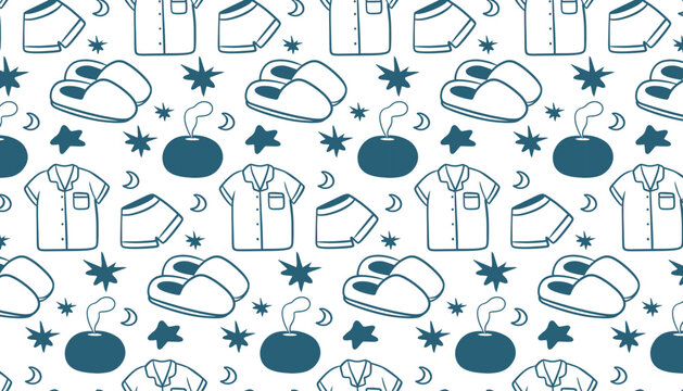 Rest day seamless pattern with pajamas slippers and aromatherapy teal doodle illustration