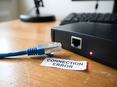 A networking cable is unplugged from a router with a Connection Error note, representing network problems and technical difficulties.