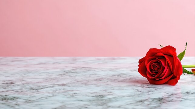 Fresh red rose on white marble surface with soft pink background