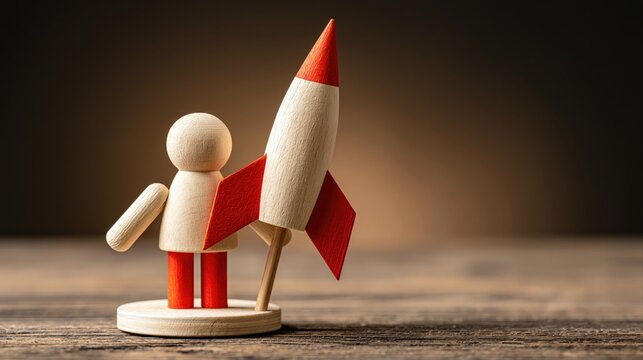Startup launch concept with wooden figurine and rocket
