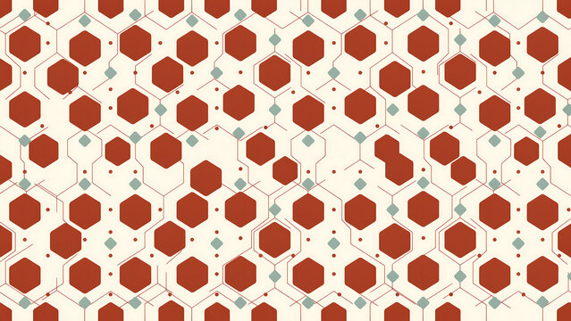 Repeating hexagonal pattern with connecting lines and small diamond accents in red, teal, and beige