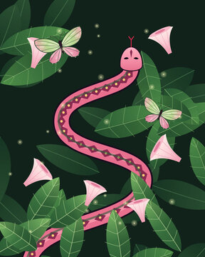 Pink serpent winding through a night garden with moonflowers and moths
