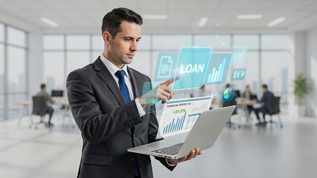 Financial professional processing digital loan application using laptop and holographic banking interface.