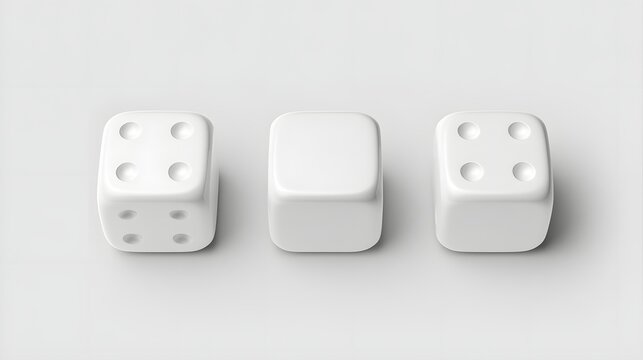 Three white dice arranged in a row with soft lighting isolated on white background. Perfect for business strategy and risk management concepts.