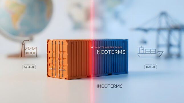 A diagram illustrating the concept of Incoterms, showcasing shipping containers, a factory, a ship, a crane, and a globe for global trade and logistics.