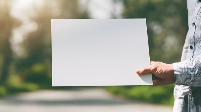 A businessman holding a blank white paper sheet outdoors with natural sunlight. Ideal for mockup and advertising designs.