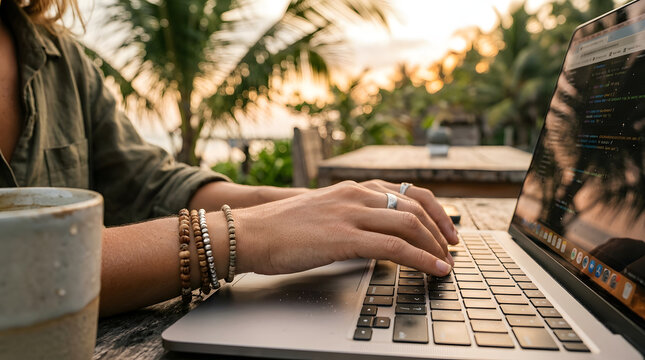 Close-up of a digital nomad's hands typing code on a laptop at a tropical beach cafe during a golden sunset.