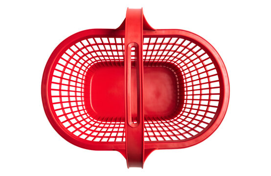 Overhead view of a vibrant red plastic shopping basket on png, shopping basket, red basket, plastic basket, store basket, supermarket basket, shopping container, retail, grocery, market, container