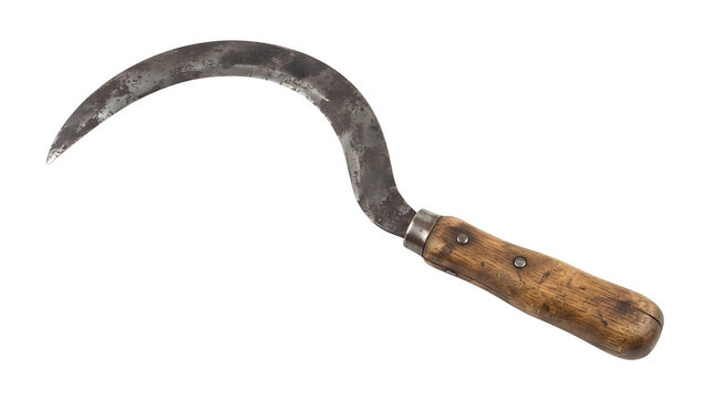 A vintage curved sickle with a weathered iron blade and a worn wooden handle, isolated on a white background for agricultural or historical design projects