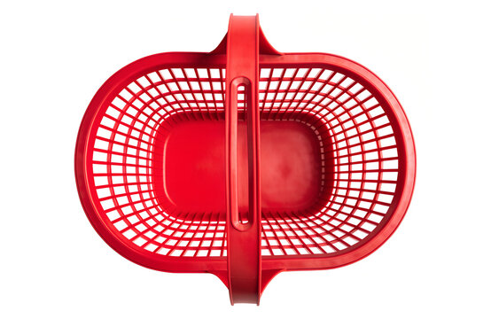Overhead view of a vibrant red plastic shopping basket on png, shopping basket, red basket, plastic basket, store basket, supermarket basket, shopping container, retail, grocery, market, container