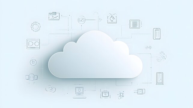 Cloud computing network with data icons on a light blue background. Ideal for technology and digital infrastructure concepts.