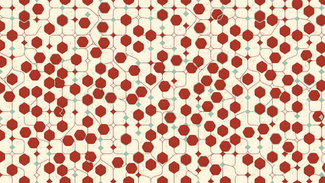 Dense geometric pattern of red octagons and blue diamonds connected by curved lines on a cream background
