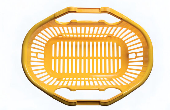 Overhead view of a vibrant yellow plastic shopping basket png, shopping basket, green basket, plastic basket, store basket, supermarket basket, shopping container, retail, grocery, market, container