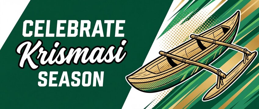 Swahili Christmas outrigger canoe banner featuring Celebrate Krismasi Season text for East African holiday greeting card background, tropical festive design with traditional wooden boat illustration