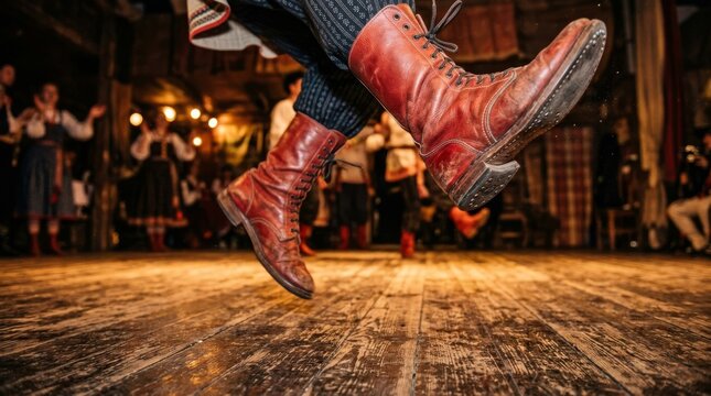 A person wears brown leather boots while jumping during a traditional folk dance performance.