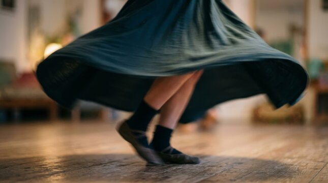 A woman in a long dark dress spins while dancing on a wooden floor.