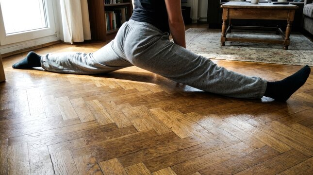 A young person does a full split on the wooden floor at home.
