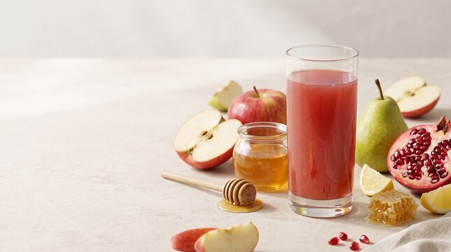 Fresh fruit juice in glass with sliced seasonal fruits.