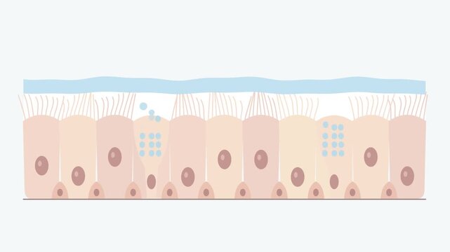 Goblet cell mucus secretion in airway epithelium, medical animation.