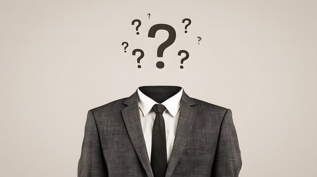 A headless businessman in a suit with floating question marks overhead against a plain background. This conceptual image represents confusion or corporate problem solving.