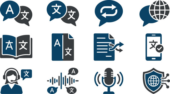 Language Translation and Interpretation Icon Set with Speech Bubbles Dictionary Books Document Localisation Voice Recognition Microphone and Global Communication Vector Symbols