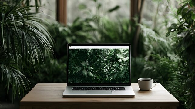 A laptop computer sits on a wooden desk surrounded by lush green houseplants in natural light. Perfect background for remote work and eco-friendly business concepts.