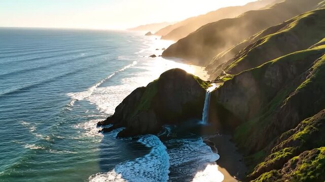 Aerial view of mc way falls at sunset, big sur california coastline with golden hour light and crashing ocean waves