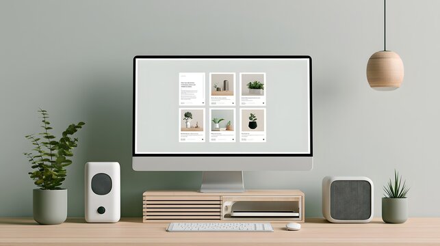 Modern desktop computer mockup on a wooden desk with plants and speakers in a bright minimal room. Ideal for web design and freelance work presentations.