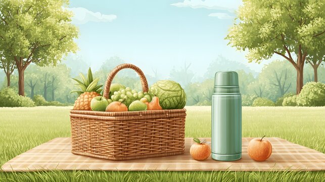 A picnic basket filled with fresh fruit and a green thermos on a blanket in a park. Great for outdoor summer leisure and healthy eating concepts.