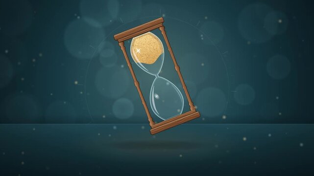 Wooden hourglass with golden sand running out and flipping over, seamless 4K loop animation