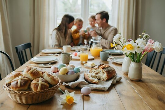 Easter brunch table setting with blurred family in background and traditional hot cross buns.