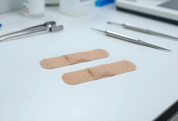 Fototapeta premium First aid and wound care, adhesive bandages with medical instruments on a clinic table for healthcare treatment and minor injury recovery in hospital