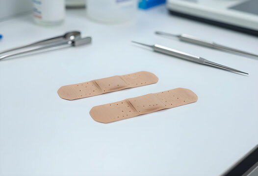 First aid and wound care, adhesive bandages with medical instruments on a clinic table for healthcare treatment and minor injury recovery in hospital