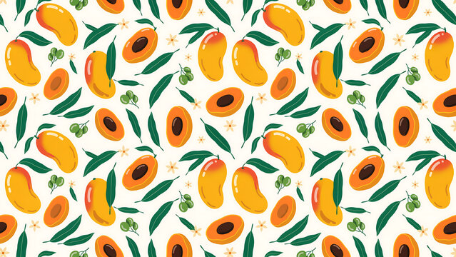Seamless pattern of yellow mangoes, sliced mangoes, green leaves, and small white flowers on a white background