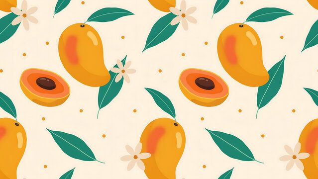 A repeating pattern of yellow mangoes, sliced mangoes, green leaves, and small white flowers on a pale yellow background