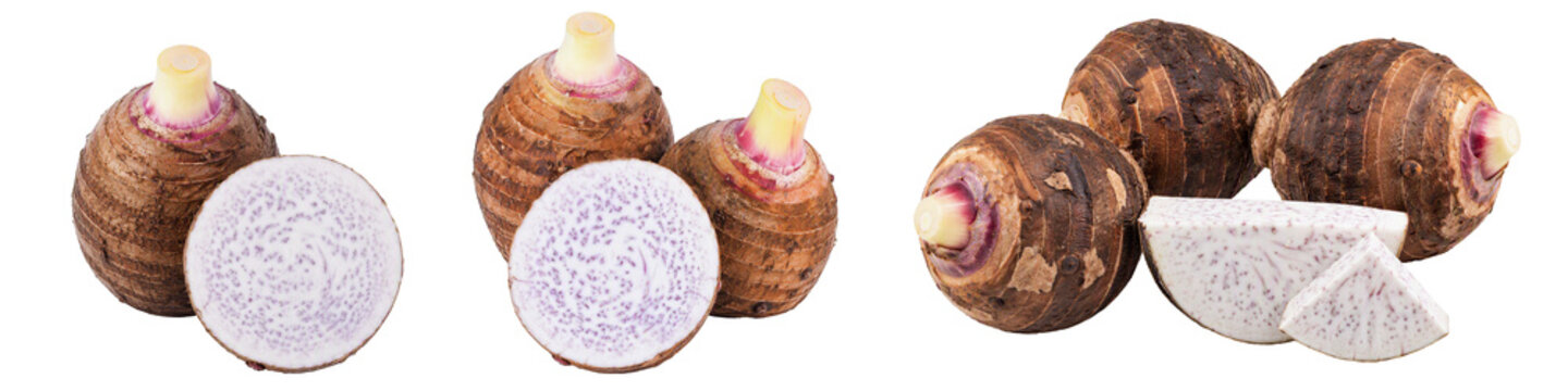 Fresh taro roots isolated PNG, whole and cut taro pieces on transparent background, raw starchy vegetable for cooking