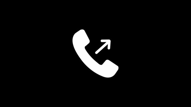White outgoing call with a telephone handset and an arrow, isolated on a solid black background
