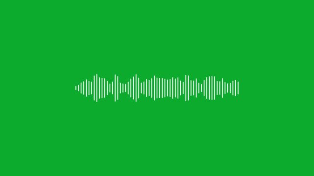 Animated white audio waveform on green screen, digital sound frequency visualization for music and podcast production