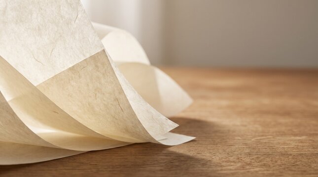 Curved delicate washi paper layers on wooden table surface with soft natural backlight background