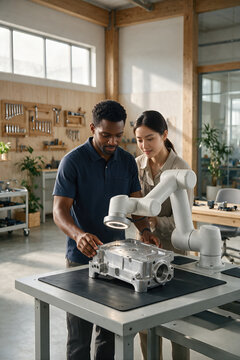 Factory technician and collaborative robot performing accurate