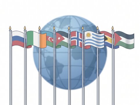 Row of international flags on poles with a blurred globe background representing unity
