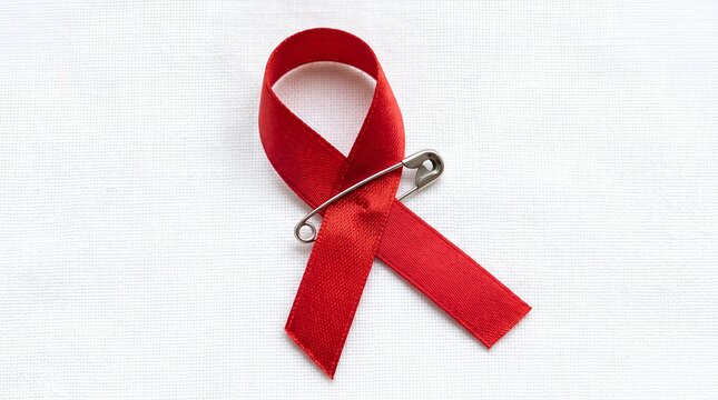 Red awareness ribbon with silver safety pin isolated on white fabric background.