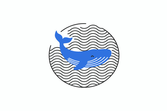 Blue whale illustration swimming in stylized wavy ocean water design