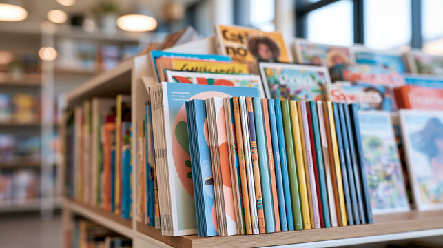 Modern magazine rack displaying colorful glossy magazines and catalogs with abstract cover artwork, publication and advertising concept, clean bright newsstand setting, vibrant col