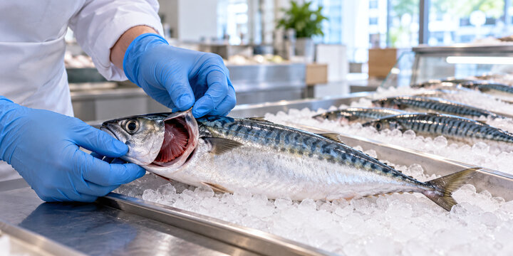 Worker checking gills of fresh saba mackerel