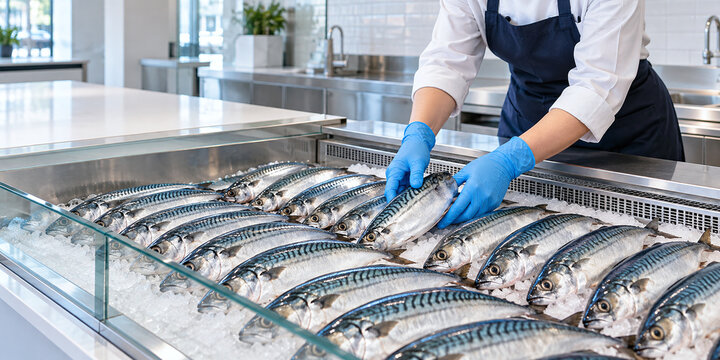 Worker arranging fresh saba mackerel in seafood shop display