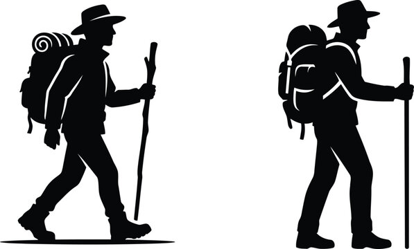 Black silhouette set of hikers with backpacks and walking sticks for outdoor adventure design