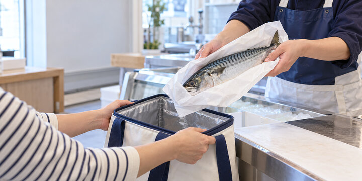 Worker placing fresh saba order into customer cooler bag